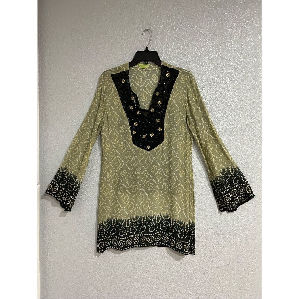 Green Pastel Black Beaded Kurta Top Blouse Tunic Boho Hippie Chic M
